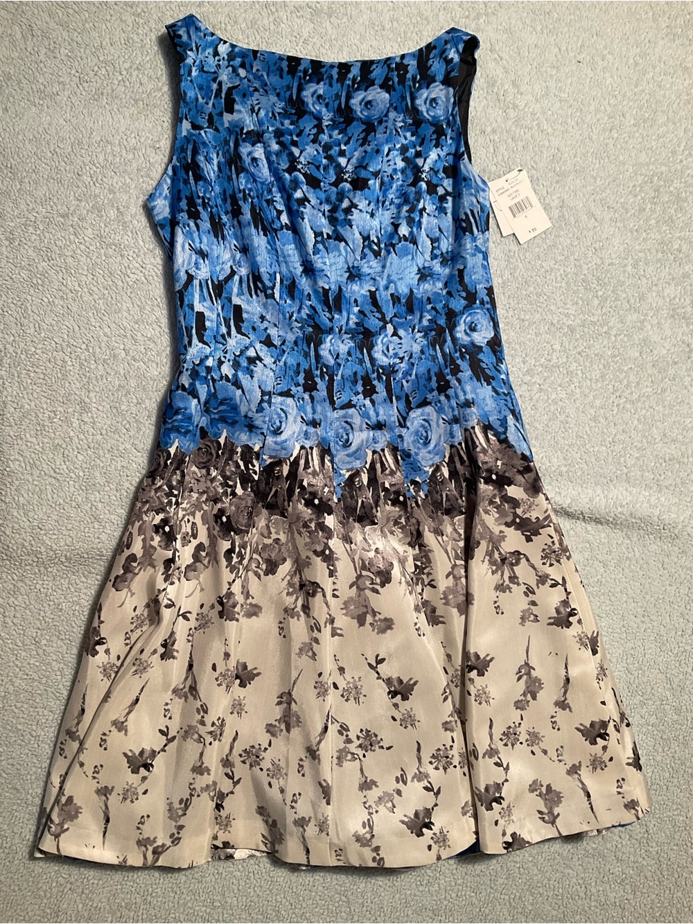 J.Taylor Sleeveless Blue Floral Midi Dress with Cream Floral Skirt